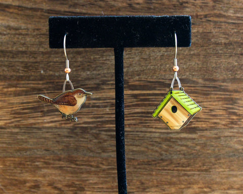 House Wren and bird house Earrings by Jabebo Studio